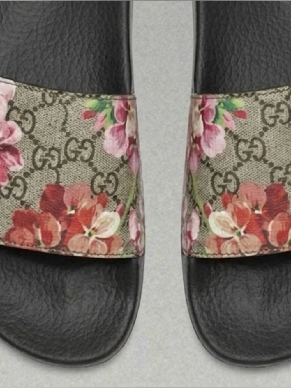 Gucci Floral Canvas Slide Sandals — Black Footbed with Pink & Green Print - Picture 3 of 3